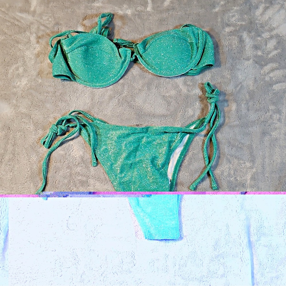 Womens Green Solid Glitter Bikini Set Adjustable Straps Lined 2 Piece M